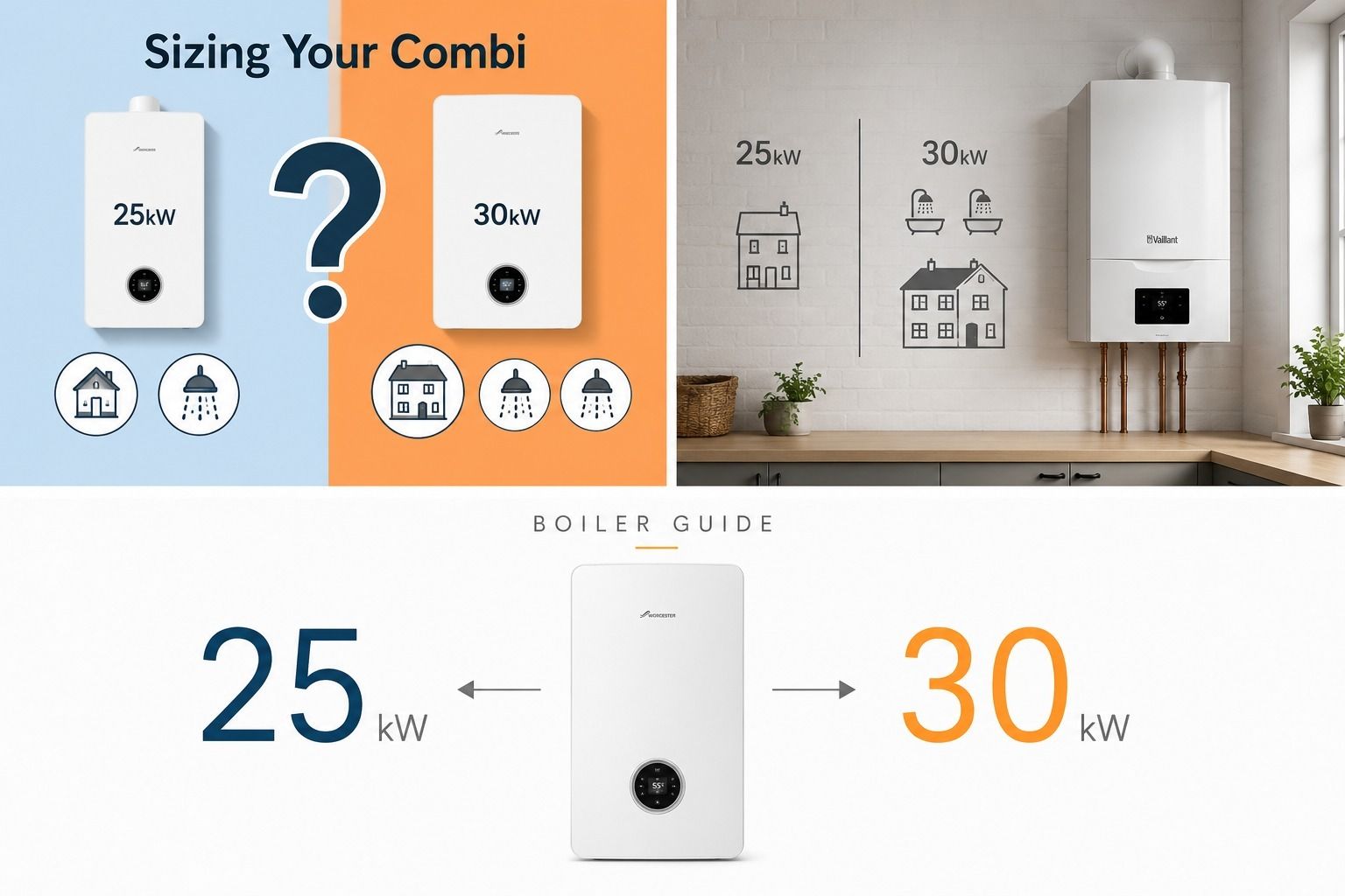 25kW vs 30kW combi boiler sizing guide — comparison of property types, bathrooms, and hot water flow rates