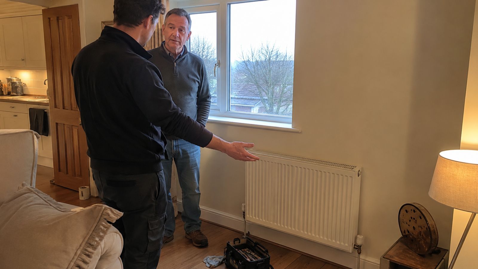 Heating engineer showing a homeowner a panel radiator in a South London living room