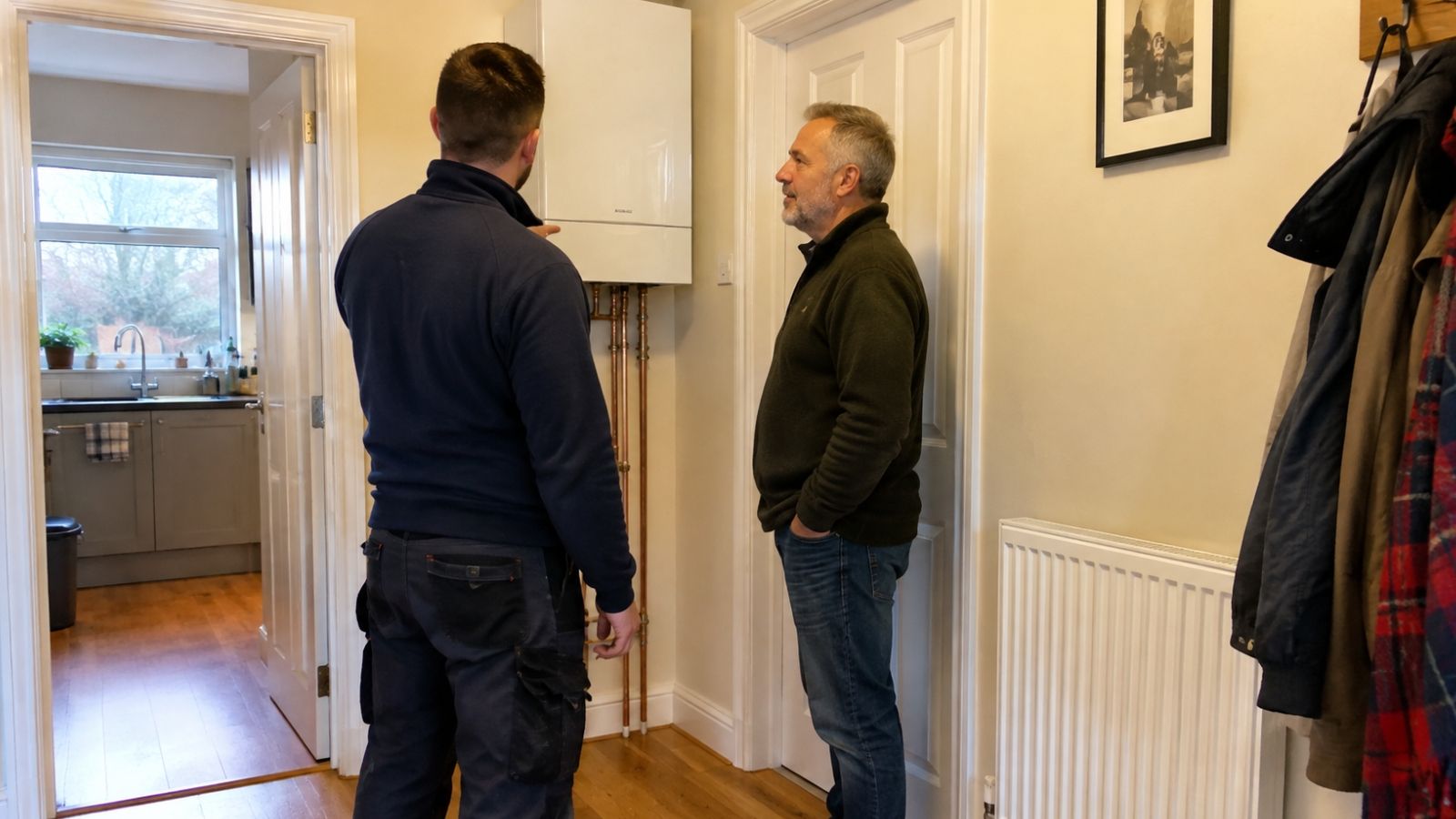 A Gas Safe engineer and homeowner beside a wall-mounted boiler in a hallway, discussing a central heating fault