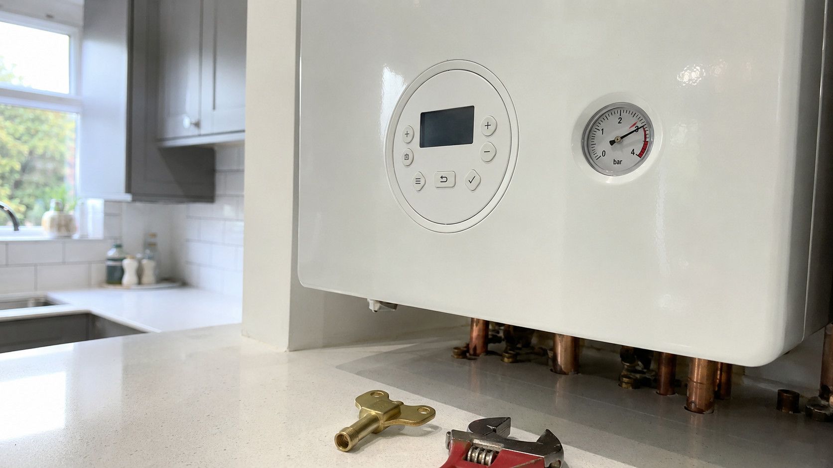 Combi boiler pressure gauge showing high reading in red zone with radiator bleed key and wrench on kitchen counter