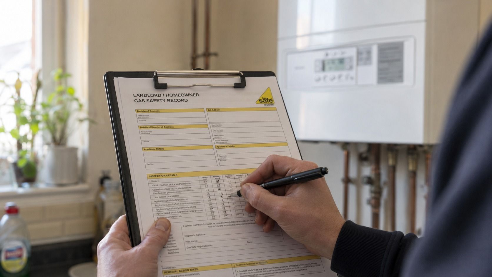 Gas Safe engineer filling out a Landlord/Homeowner Gas Safety Record on a clipboard, boiler and copper pipework visible in a South London home