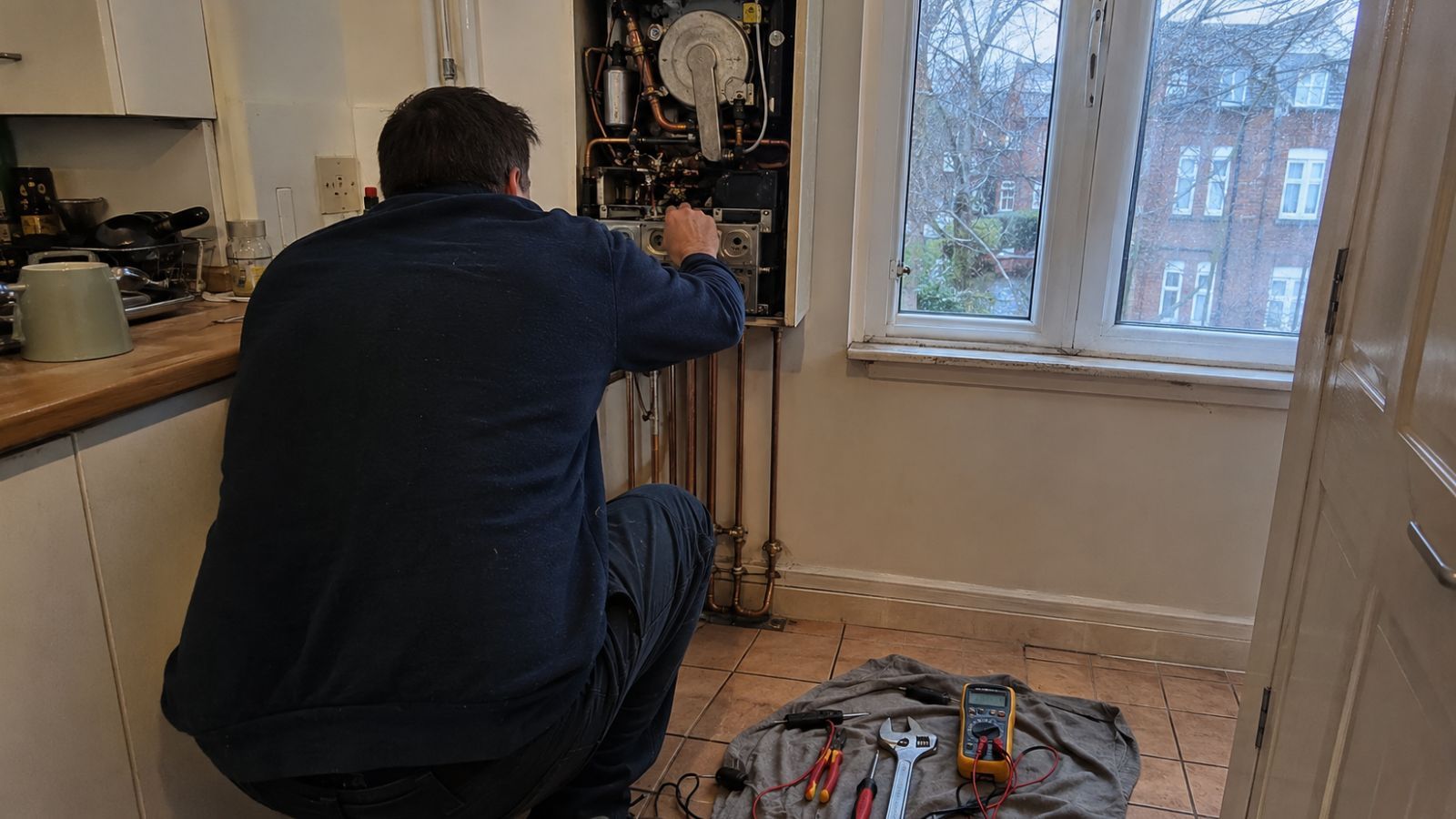 Gas Safe engineer diagnosing a combi boiler fault causing no hot water but working central heating