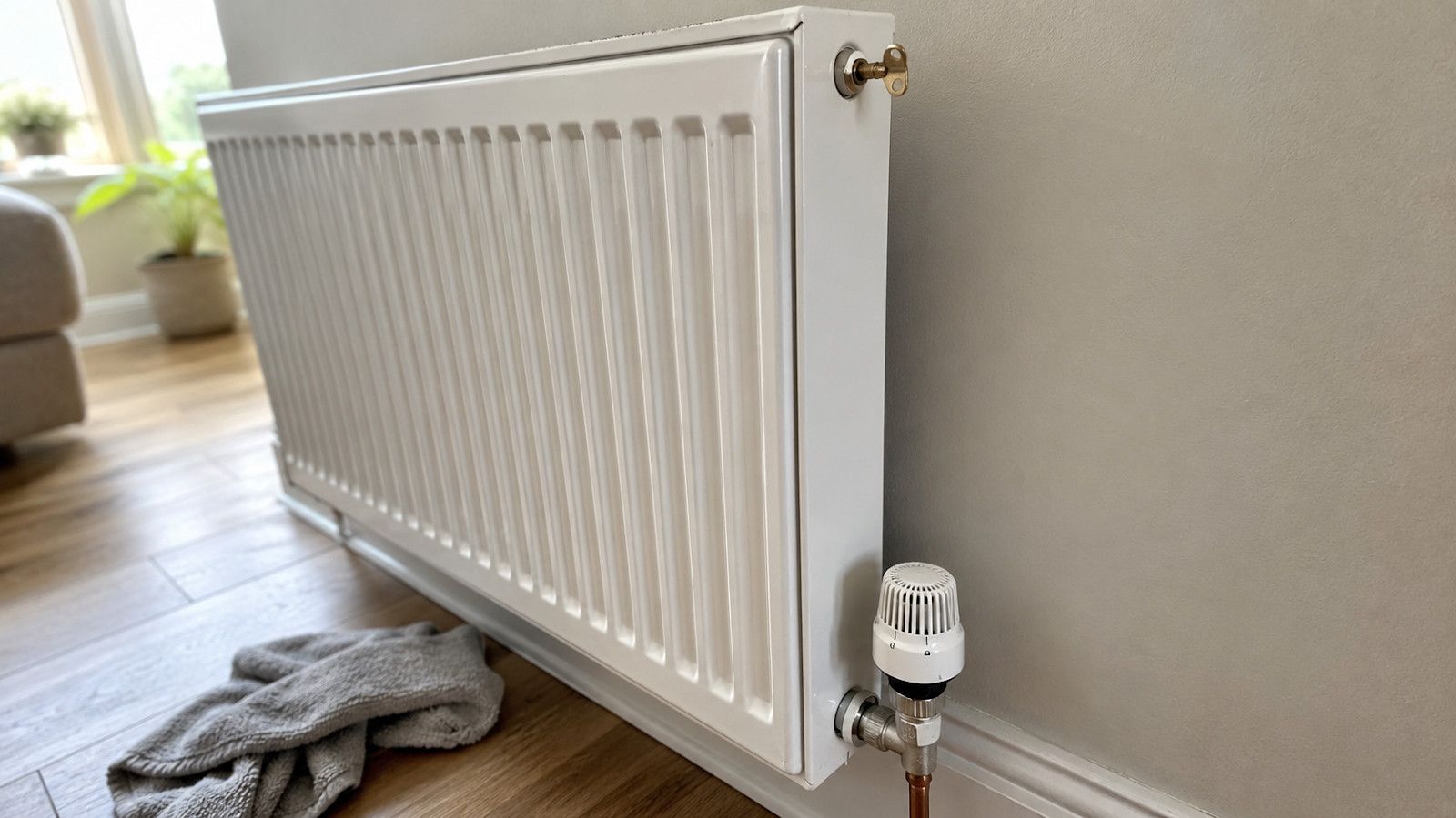 White panel radiator with thermostatic valve in a UK home