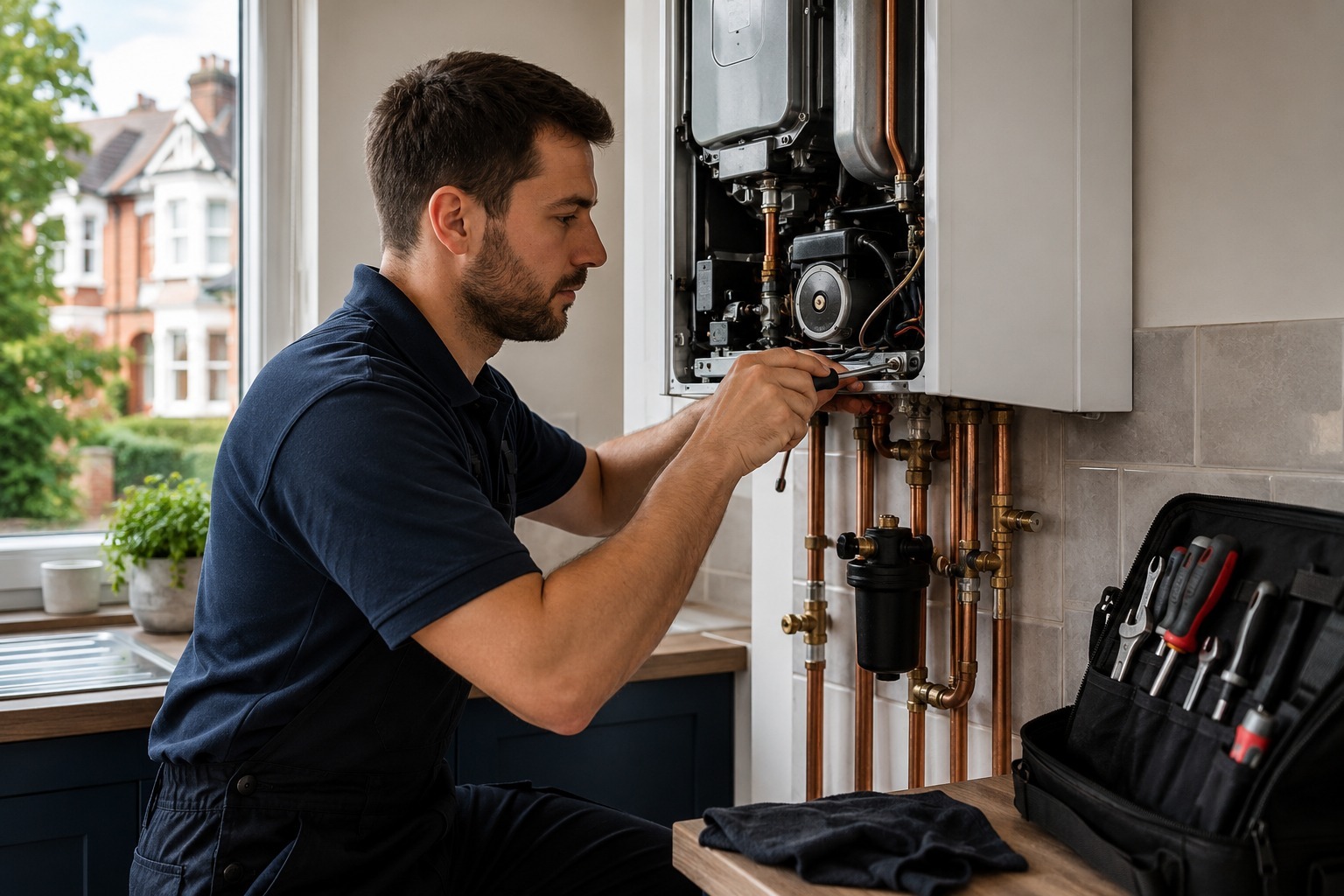 Gas Safe engineer servicing a boiler with copper pipework in a South London home — R.W. Miller Plumbing & Heating